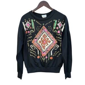 Vintage Black Sweatshirt with Pink, Orange & Gold Aztec Motif